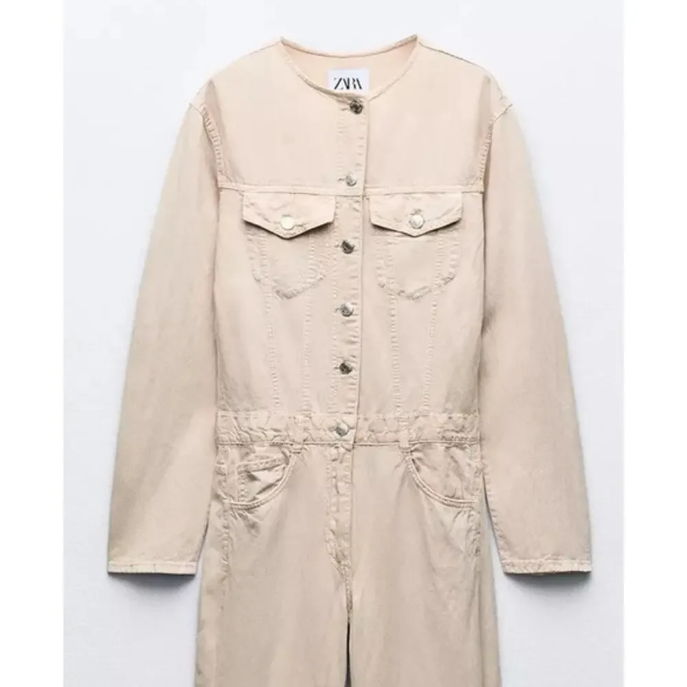 Zara NWT‎ Beige Denim Linen Blend Jumpsuit XS